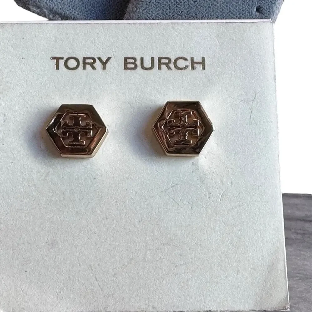 Tory Burch - Gold Hex-Logo Stud Earrings, NWT - Picture 3 of 8